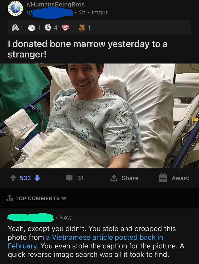 A screenshot of a man claiming to donate bone marrow, busted for lying as the image was stolen from a Vietnamese article.