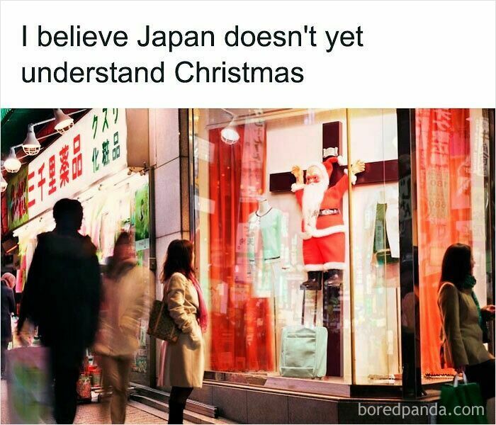 A storefront in Japan with a Santa Claus crucified, a humorous example of intelligence, blatant foolishness, and geek things.