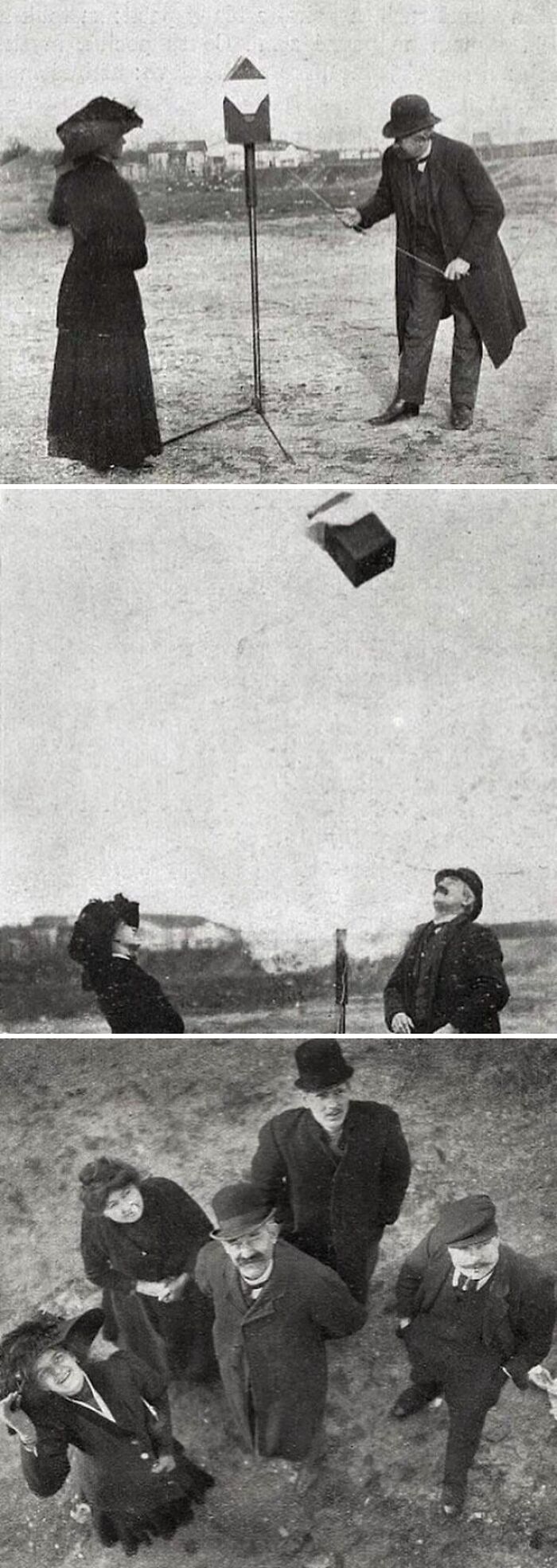 A three-part historical photo series showing people launching and watching a flying object.