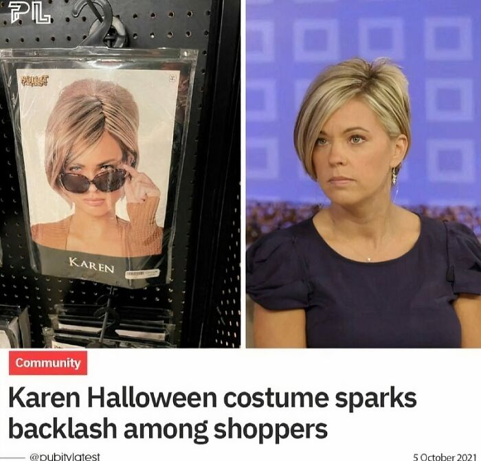 A Karen Halloween costume wig and sunglasses next to a photo of Kate Gosselin, representing Karen reputation.