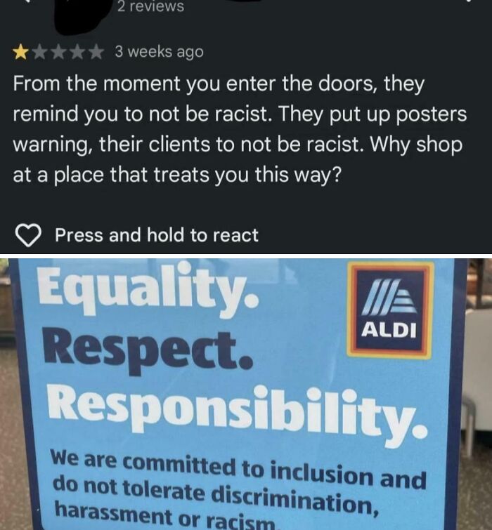 A social media post of a negative review from a customer who took entitlement to an unbelievable level and earned themselves a Karen reputation for complaining about anti-racism signs at ALDI.