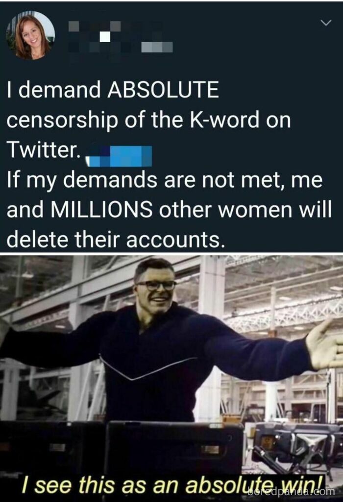 A tweet demanding censorship of a word, ironically met with a triumphant response about entitlement and Karen reputation.