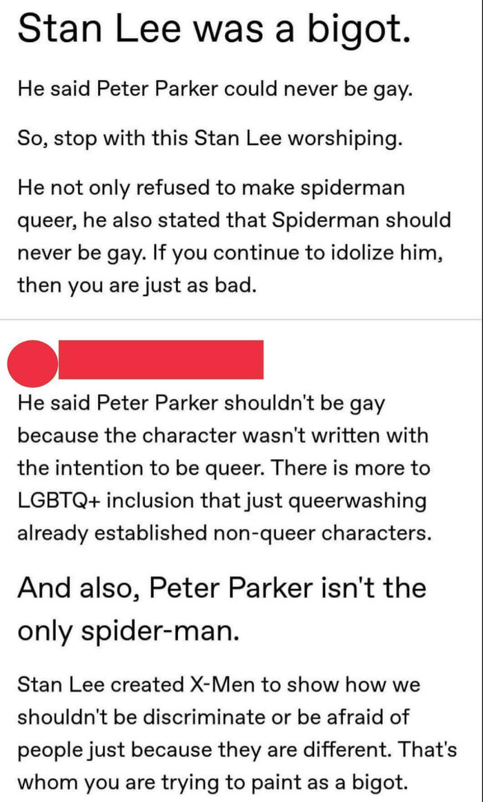 Screenshot of a tweet where Stan Lee was busted for lying about Peter Parker not being gay, despite his actual views.