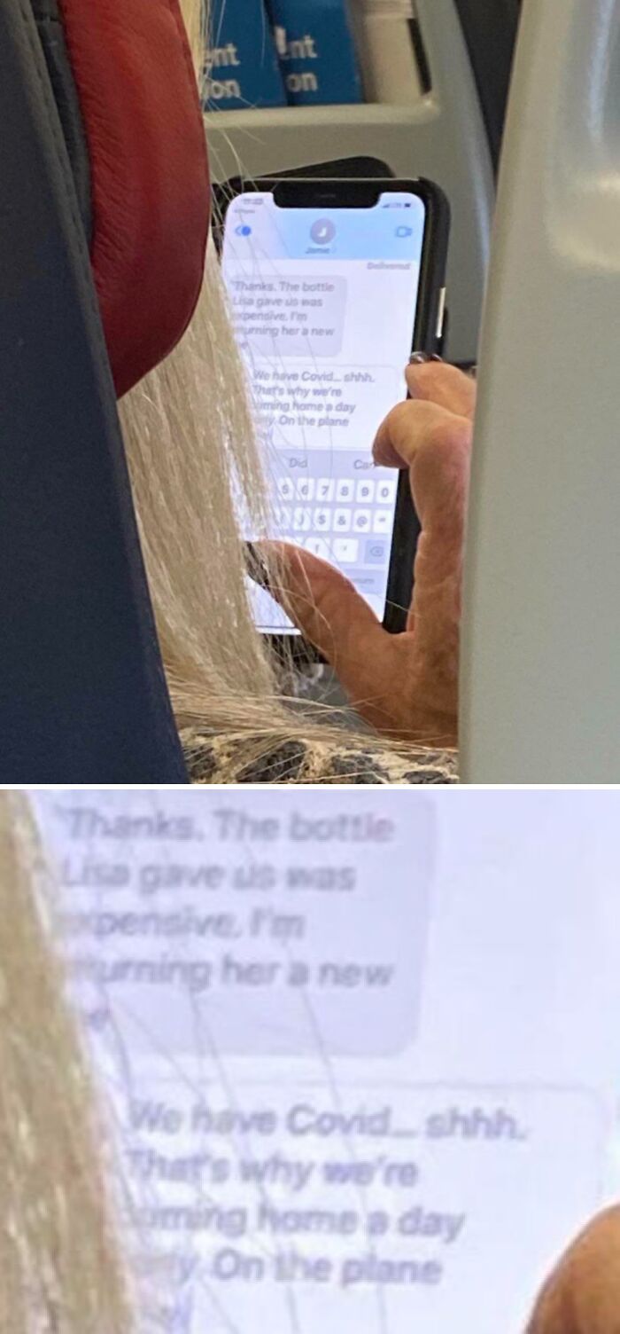 A close-up of a phone screen shows a text message about having Covid and traveling, displaying entitlement.