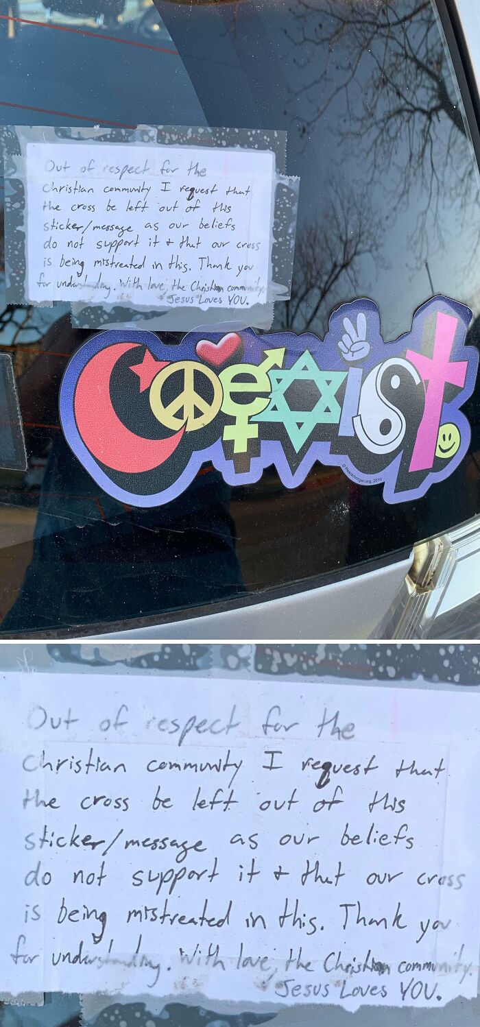 A note taped to a car window requests removal of a cross from a religious unity sticker, showing entitlement.