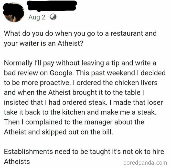An entitled person refusing to tip or pay, making a waiter change their order, and earning a Karen reputation.