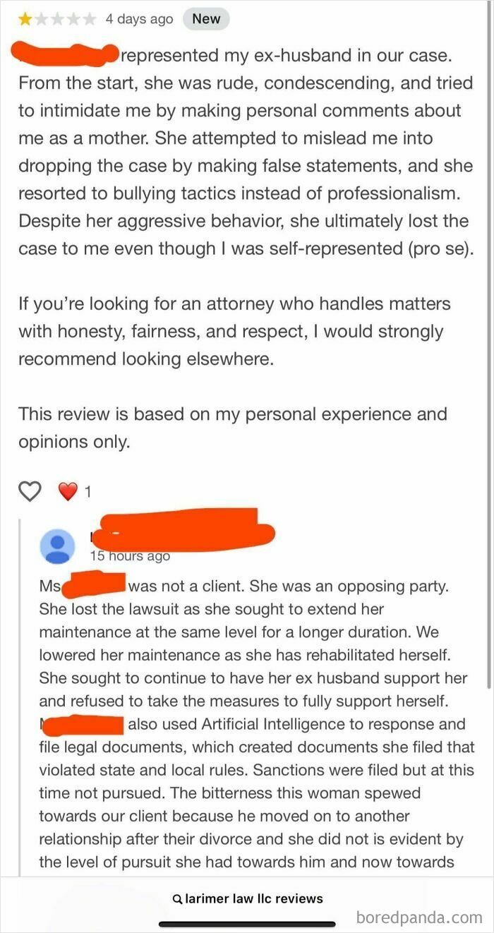 A review and response about a legal case, illustrating entitlement from a difficult client.