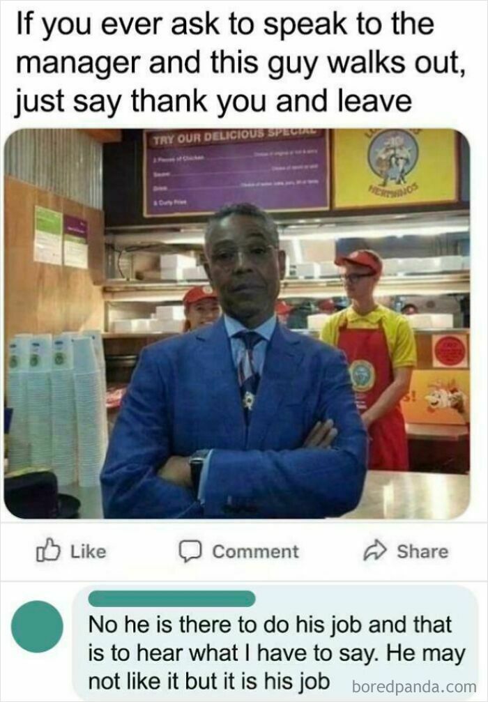 A meme with a manager resembling Gus Fring from Breaking Bad, depicting entitlement and Karen reputation.