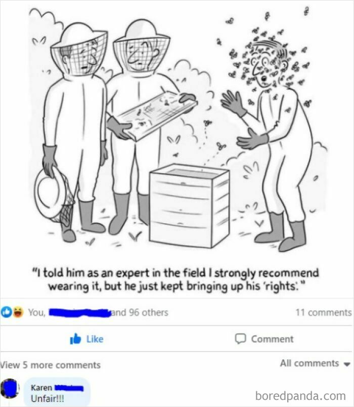 A cartoon shows a man covered in bees because he refused to wear protective gear, exemplifying entitlement.