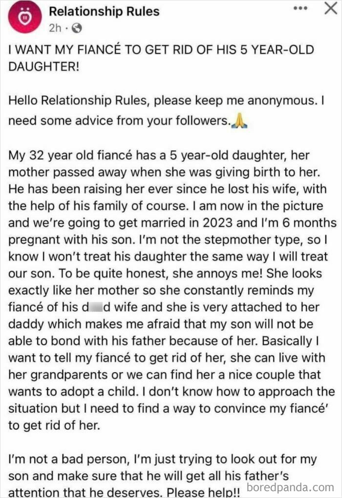 A social media post about entitlement regarding a fiancé's daughter, earning a 'Karen' reputation.
