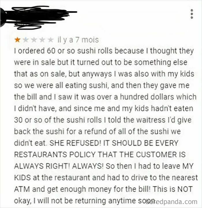A customer showing entitlement, refusing to pay for sushi, leaving kids at a restaurant, and earning a Karen reputation.