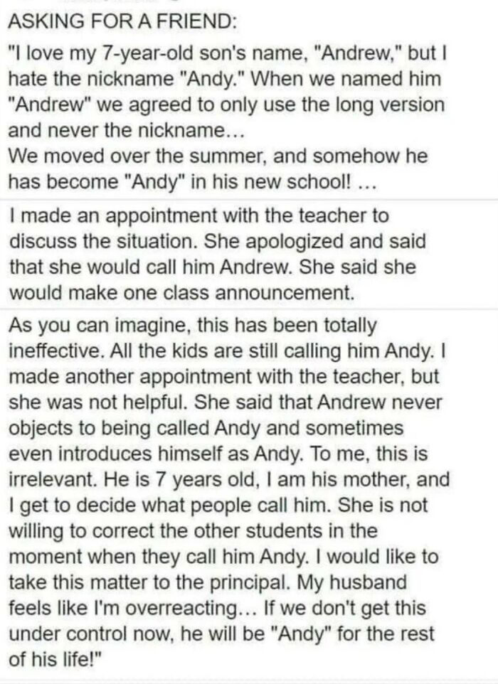 A parent's entitlement, complaining about their son's nickname and school, displaying a Karen reputation.