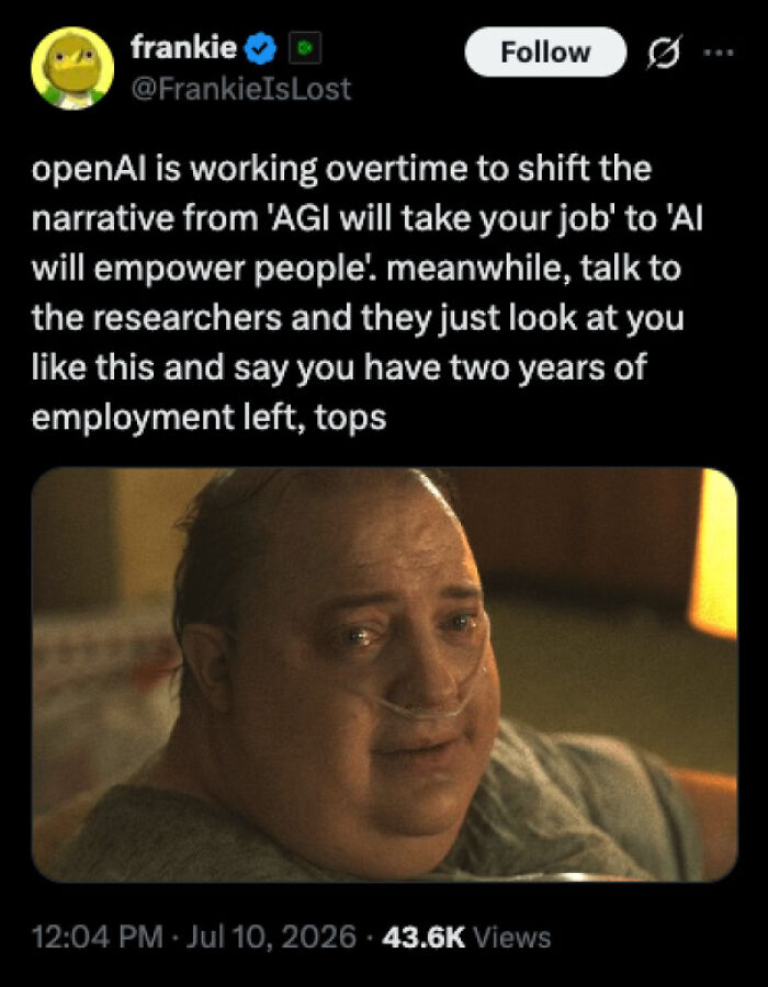 A meme with a man looking sad and a tweet about AI and employment, illustrating recruiting hell.