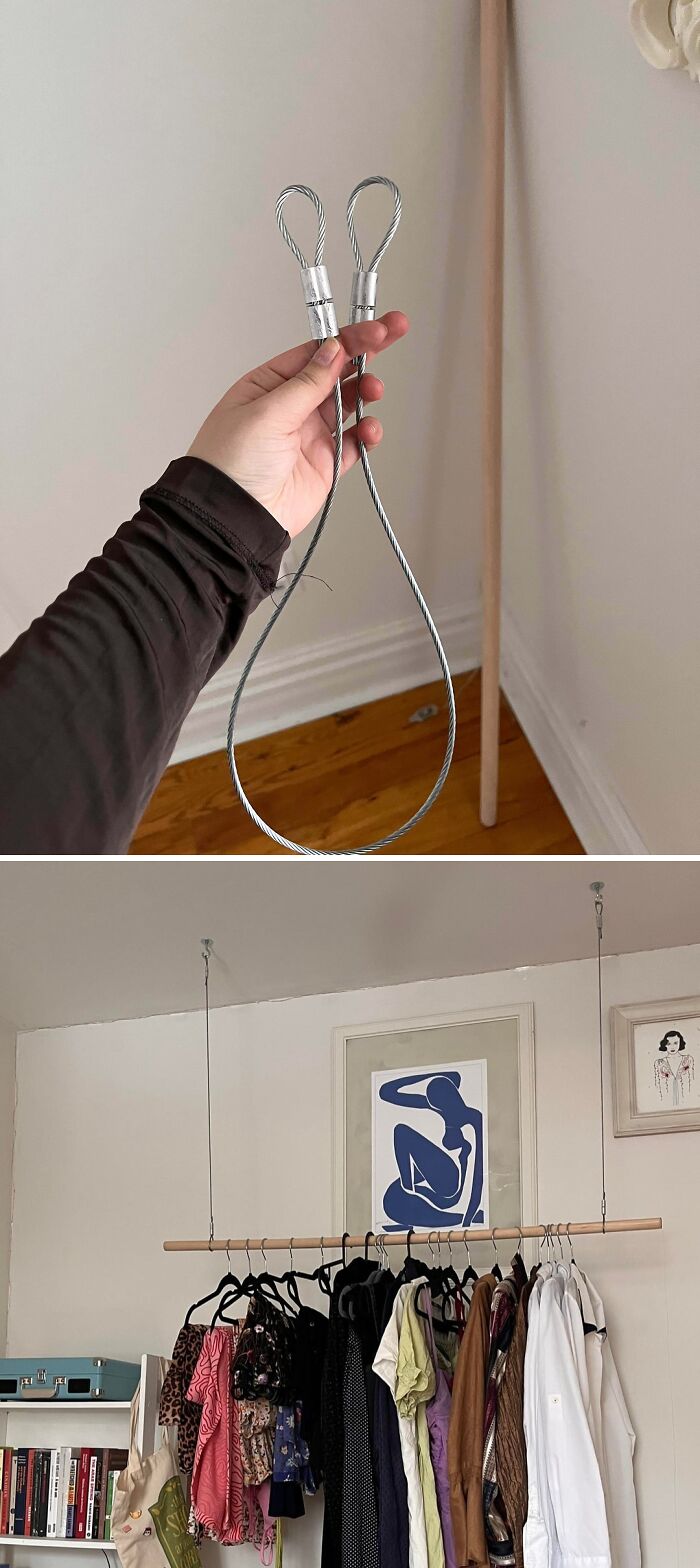 A hand holding a wire hanging loop for a creative home DIY project, followed by a stylish clothes rack.