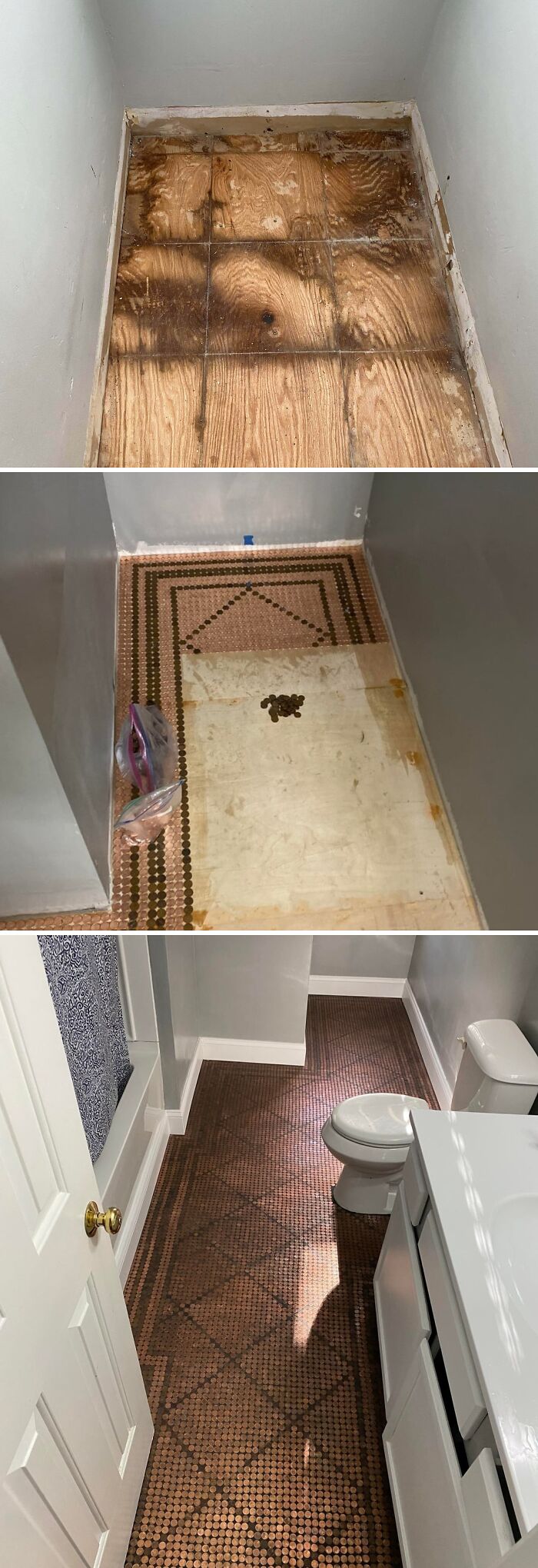 A creative home DIY project showing a bathroom floor transformation with pennies from start to finish.