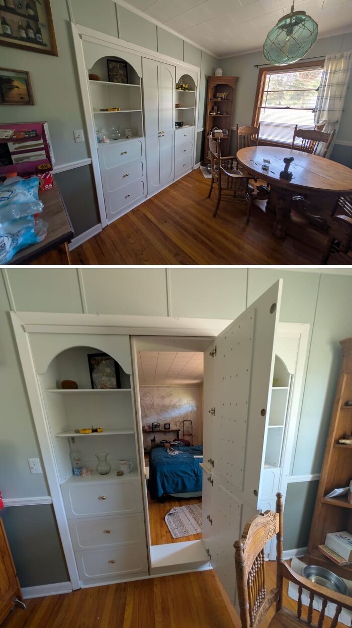 A before and after image of a creative home DIY project with a hidden door bookshelf leading to a bedroom.