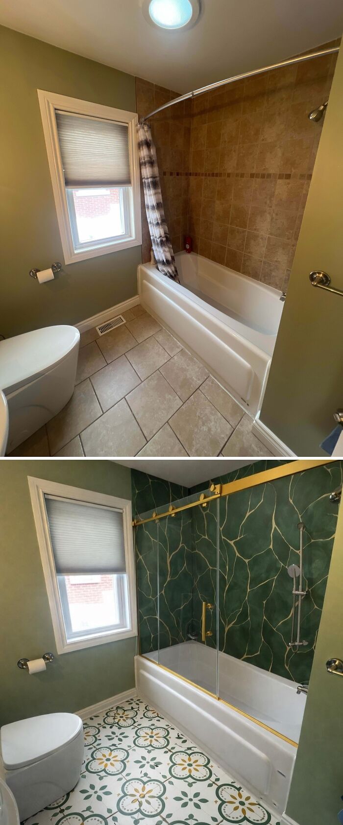 Before and after of a bathroom showing creative home DIY projects with updated tile and a new shower door.