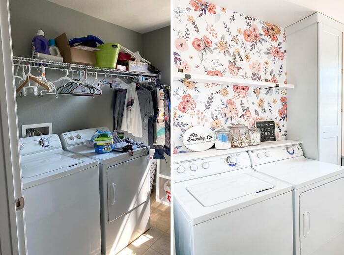 Before and after photos of a laundry room featuring impressive creative home DIY projects like floral wallpaper and shelving.