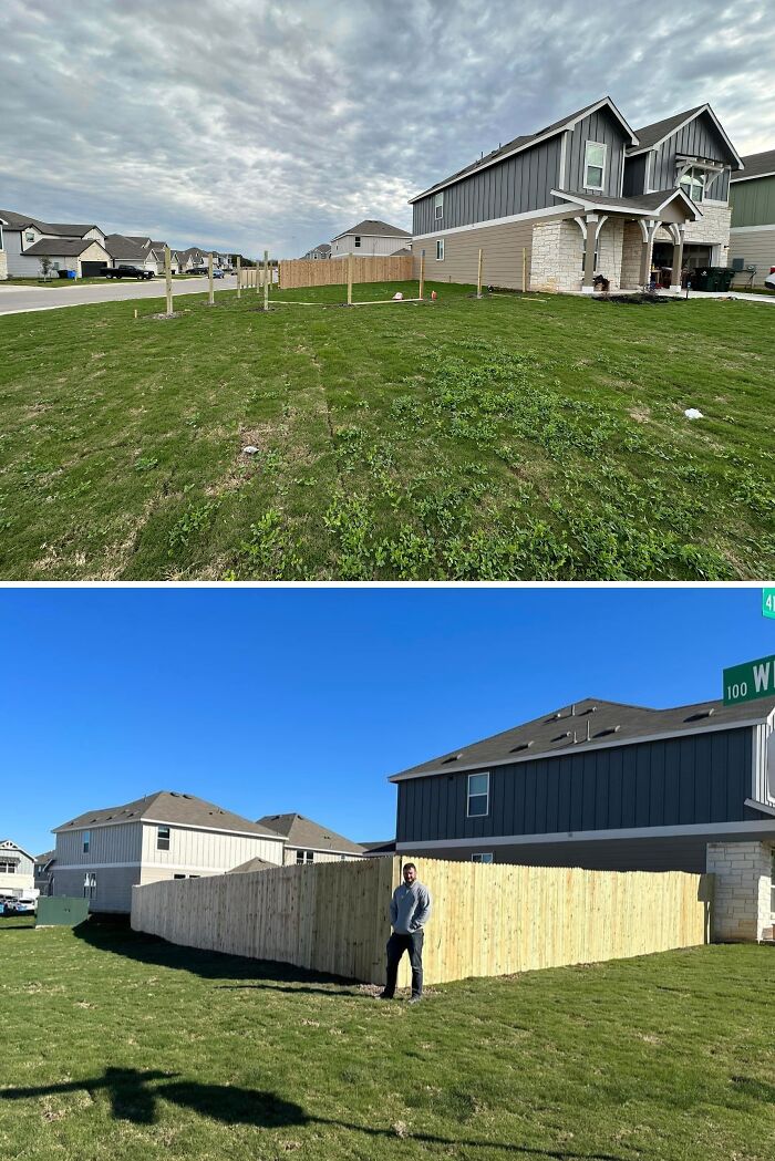 Before and after pictures of a home DIY project: a newly installed wooden fence in a residential area.