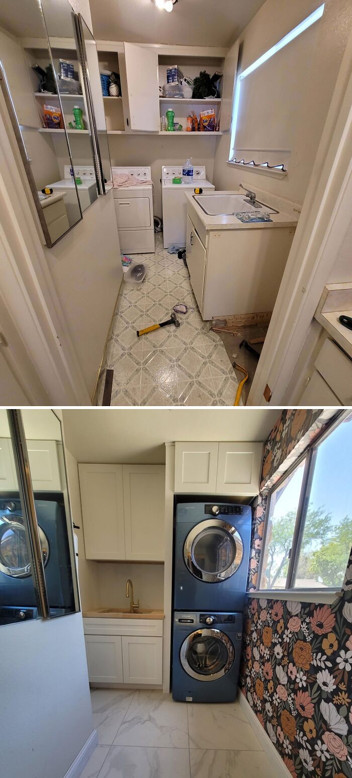 Before and after a laundry room makeover with stacked blue washer and dryer, new cabinets, and floral wallpaper as a home DIY project.