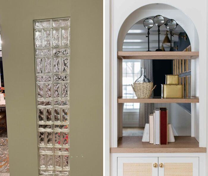 Before and after a glass block wall transformed into an arched built-in bookshelf, showcasing impressive home DIY projects.