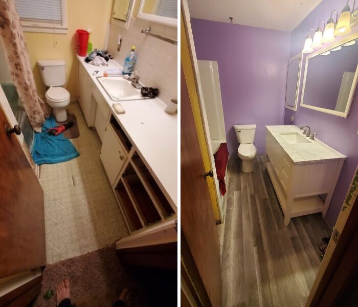 Before and after a bathroom renovation, showcasing creative home DIY projects with a new vanity, flooring, and purple walls.