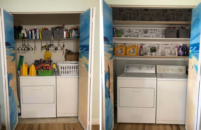 Before and after of a laundry closet showing improved organization and new shelving, a practical home DIY project.