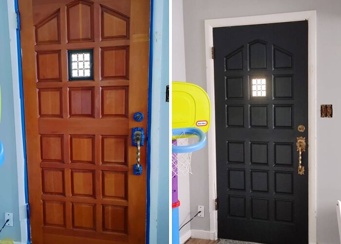Before and after of a wooden front door painted black, demonstrating a simple yet impressive home DIY project.