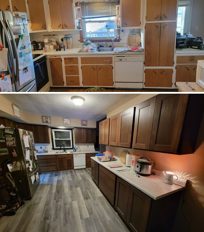 Kitchen before and after showcasing impressive home DIY projects, with new flooring and darker cabinets.