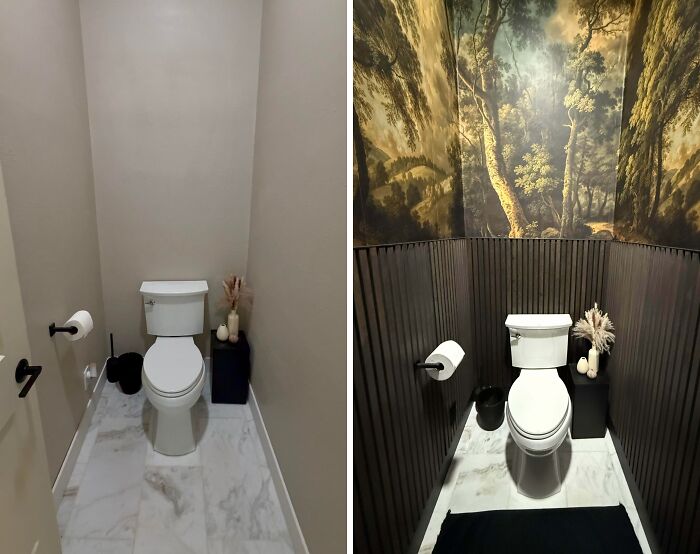 Before and after of a small bathroom with creative home DIY projects, featuring a dramatic dark makeover.
