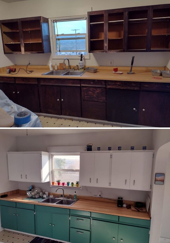 Kitchen before and after with impressive home DIY projects, including painted cabinets and updated countertops.