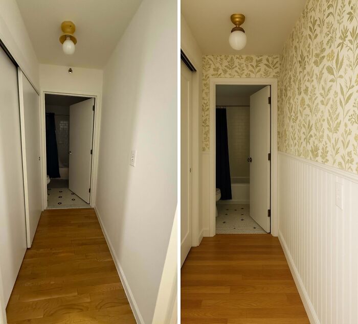 Creative home DIY project: a hallway transformed with botanical wallpaper and white wainscoting.