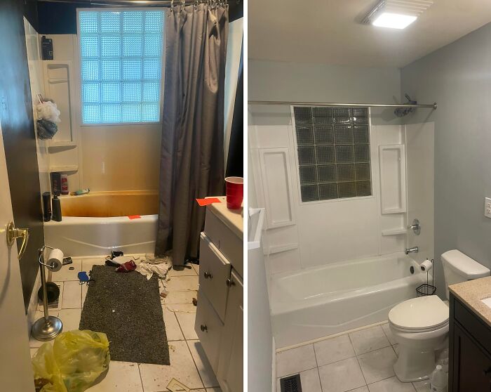 Creative home DIY project: a bathroom before and after a deep clean and renovation, showcasing a cleaner tub and toilet.