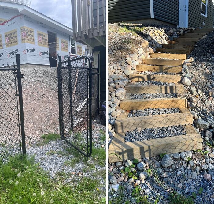 Before and after of a backyard transformation with new wooden stairs, a creative home DIY project.
