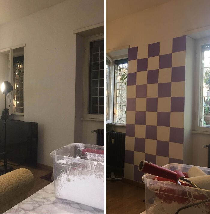 A room before and after a checkerboard wall paint job, an impressive home DIY project.