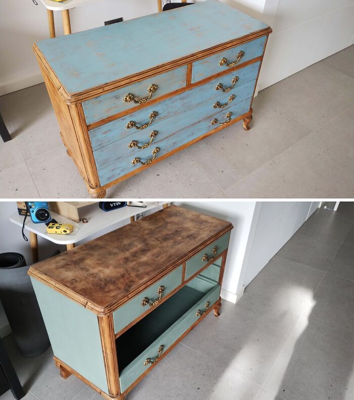 Before and after of a repainted dresser, a creative home DIY project with a vintage feel.