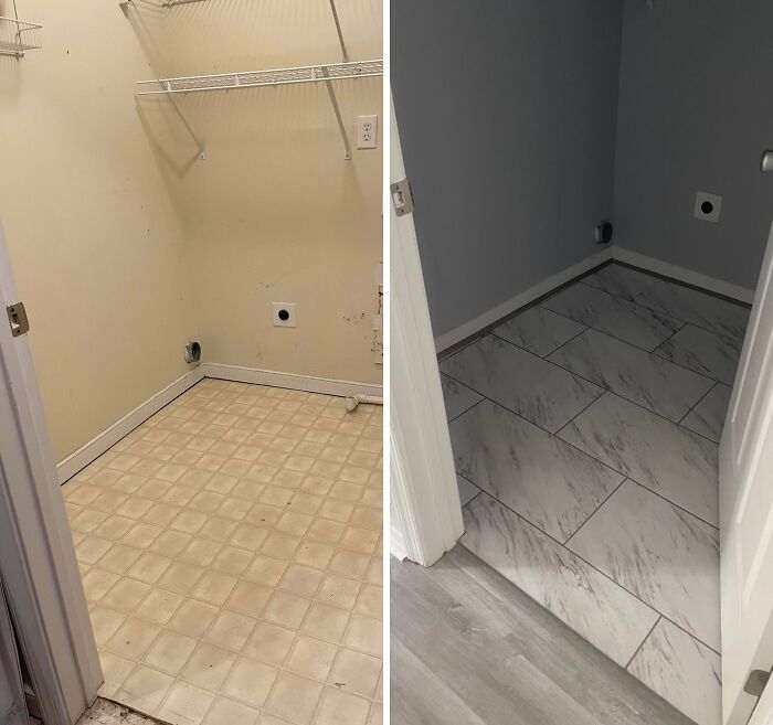 A laundry room before and after new flooring, an impressive home DIY project.