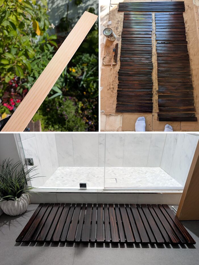 Creative home DIY project: making a wooden shower mat by staining wood slats, before and after.
