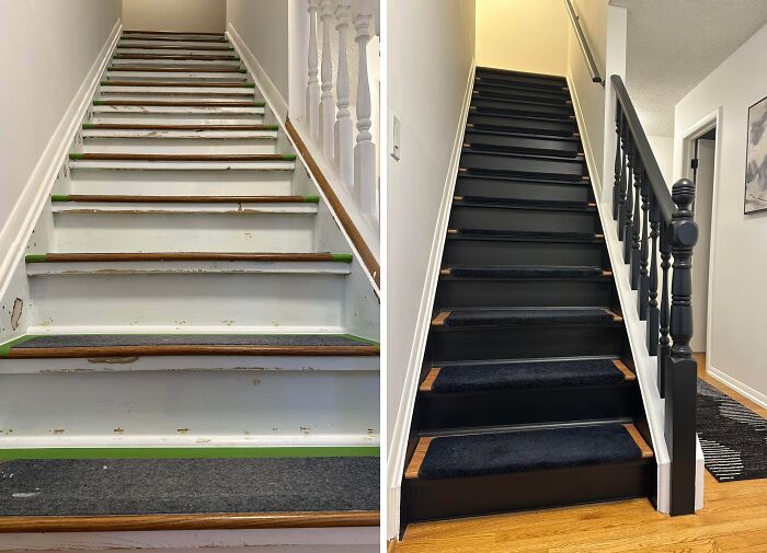 Before and after comparison of a staircase, transformed into a sleek black design, an impressive home DIY project.