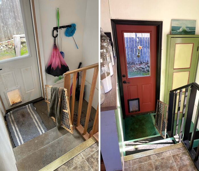 Before and after view of a small laundry room, demonstrating an impressive home DIY project with a new door.