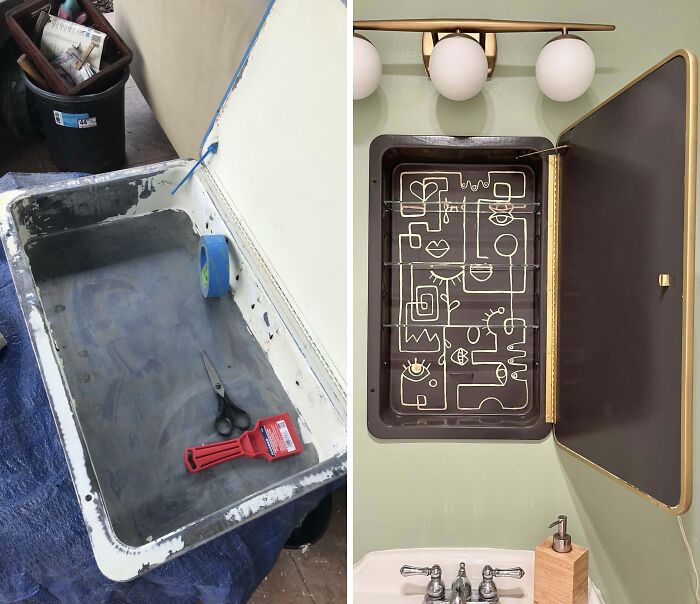 Before and after a creative home DIY project: a metal bin is repurposed into a unique bathroom mirror cabinet with abstract art.