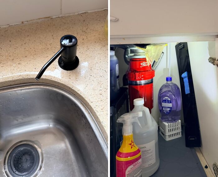 Before and after a creative home DIY project: a messy under-sink area becomes organized with a new soap dispenser above the sink.