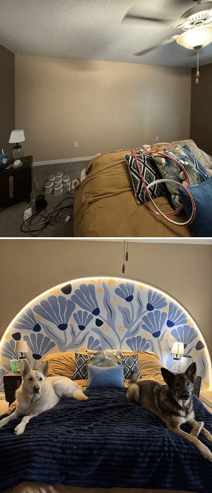Before and after a creative home DIY project: a plain bedroom transforms with a decorative lighted headboard, featuring two dogs.