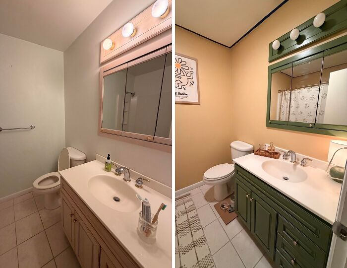 A creative home DIY project: a before and after comparison of a bathroom remodel, featuring a new green vanity and wall color.