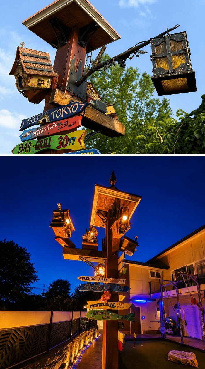 A creative home DIY project: a unique directional signpost with many destination signs and decorative elements.