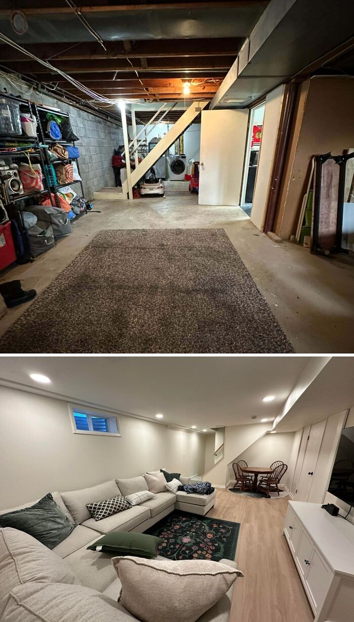 A before and after of a creative home DIY project, turning a cluttered basement into a modern living room.