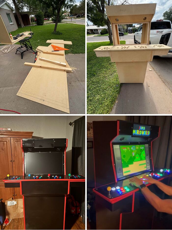 A sequence of images showcasing a creative home DIY project, building an arcade game machine from scratch.