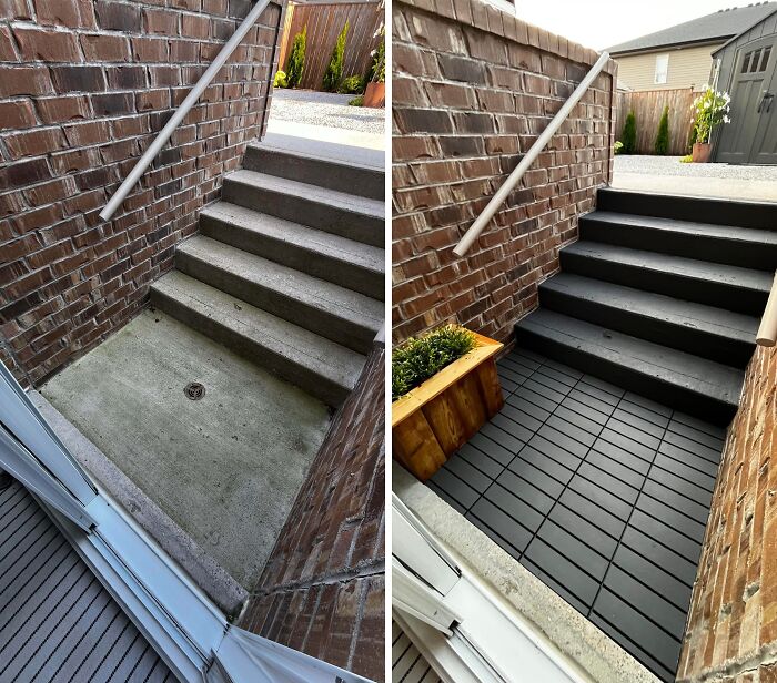 Before and after of a home DIY project, showing concrete stairs and landing transformed with dark treads and a planter.