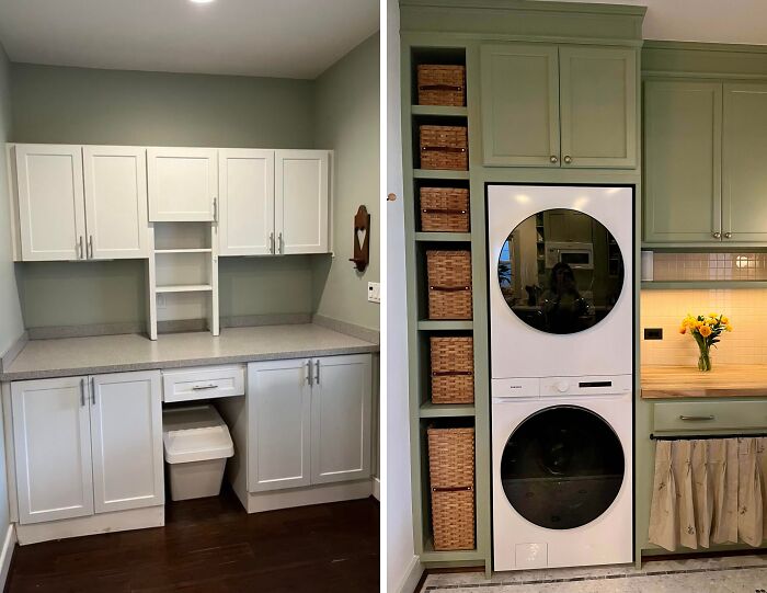 Before and after a creative home DIY project, transforming a laundry area into a stylish, organized space.