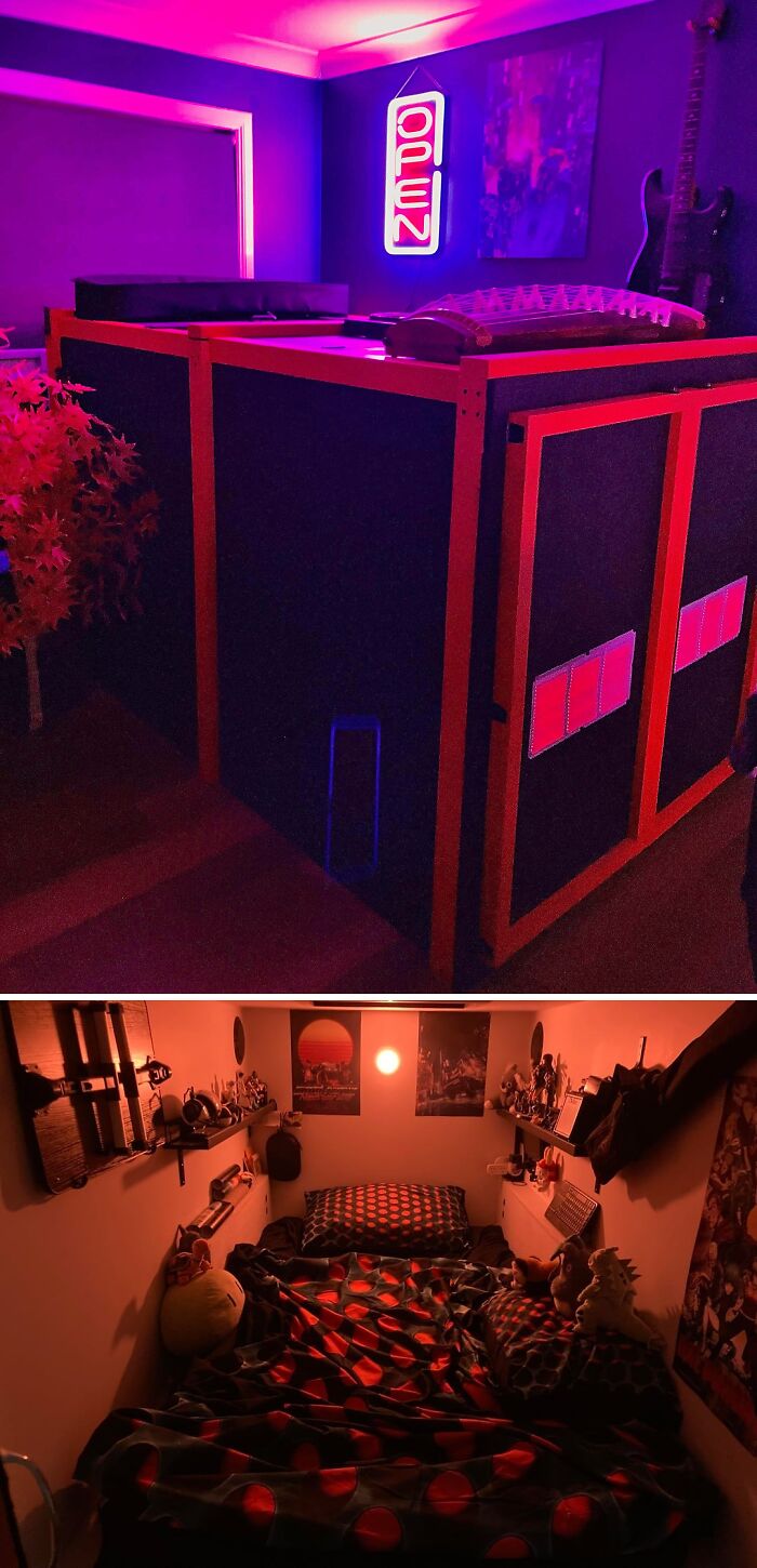 A unique creative home DIY project featuring a gaming room with pink neon lighting and a cozy sleeping nook.